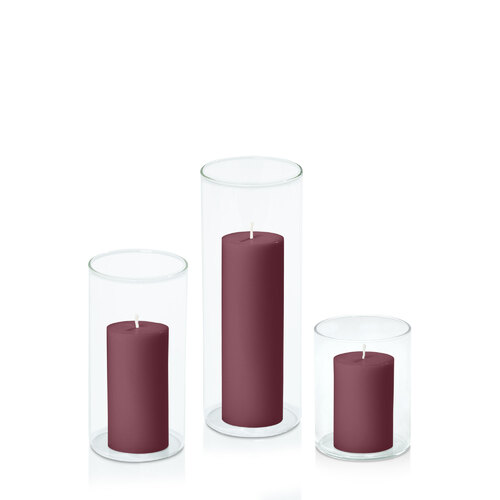 Burgundy 5cm Pillar in 8cm Glass Set - Sm