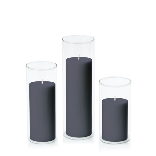 Steel Blue 7cm Pillar in 8cm Glass Set - Med