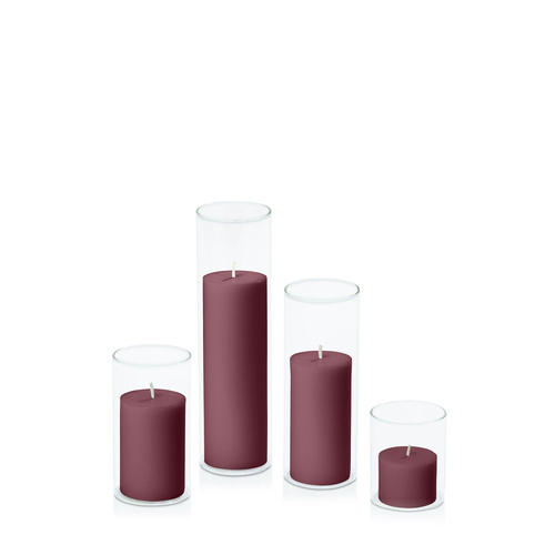Burgundy 5cm Pillar in 5.8cm Glass Set - Sm