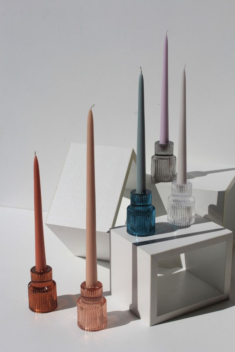 coloured vintage glass candles holders with taper candles