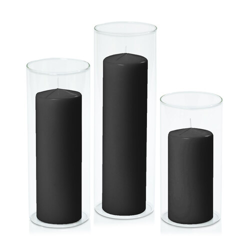 Black 7cm Event Pillar in 10cm Glass, Pack of 6 Lg Sets