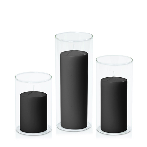 Black 7cm Event Pillar in 10cm Glass, Pack of 6 Med Sets