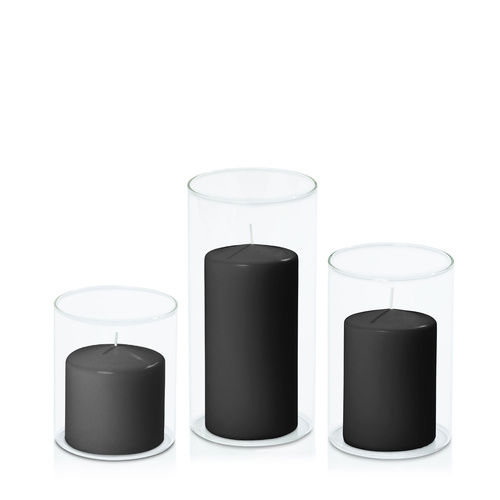 Black 7cm Event Pillar in 10cm Glass, Pack of 24 Sm Sets