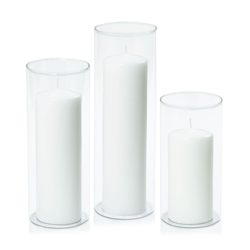 White 7cm Event Pillar in 10cm Glass, Pack of 6 Lg Sets