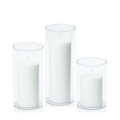 White 7cm Event Pillar in 10cm Glass, Pack of 6 Med Sets