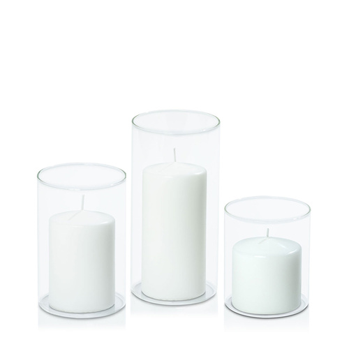 White 7cm Event Pillar in 10cm Glass, Pack of 6 Sm Sets