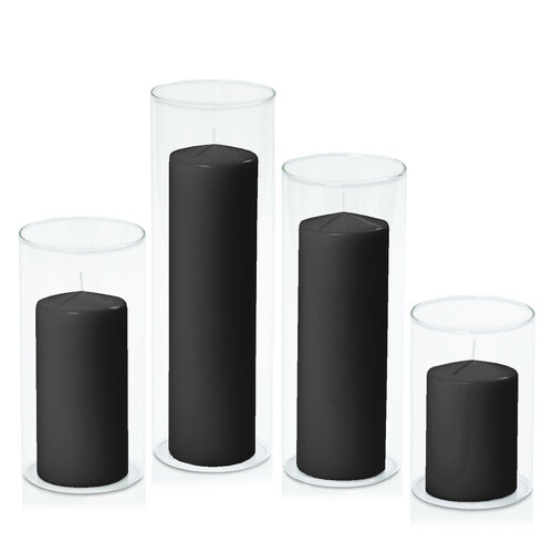 Black 7cm Event Pillar in 10cm Glass, Pack of 6 Med Sets
