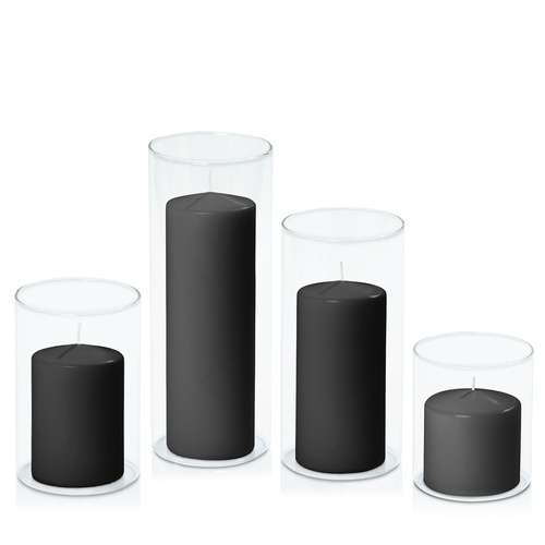 Black 7cm Event Pillar in 10cm Glass, Pack of 6 Sm Sets