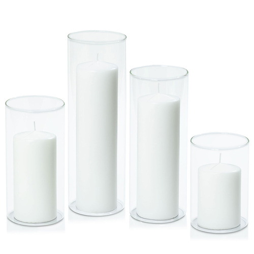 White 7cm Event Pillar in 10cm Glass, Pack of 6 Med Sets