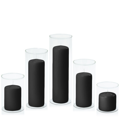 Black 7cm Event Pillar in 10cm Glass, Pack of 24 Sm Sets