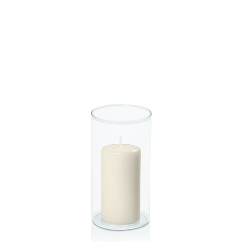 Ivory 5cm x 10cm Event Pillar in 8cm x 15cm Glass, Pack of 6
