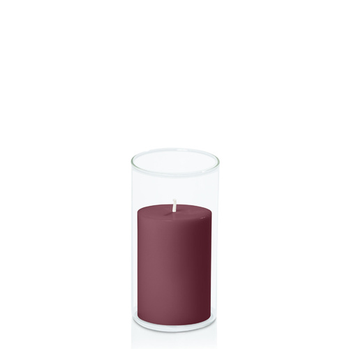 Burgundy 7cm x 10cm Pillar in 8cm x 15cm Glass