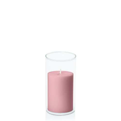 Dusty Pink 7cm x 10cm Pillar in 8cm x 15cm Glass