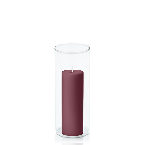 Burgundy 5cm x 15cm Pillar in 8cm x 20cm Glass