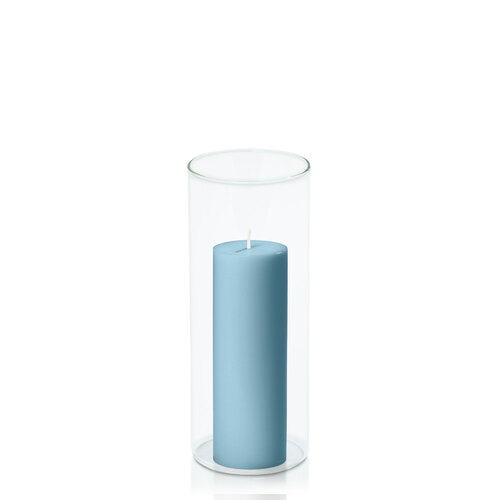 French Blue 5cm x 15cm Pillar in 8cm x 20cm Glass