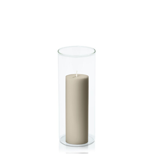 Pale Eucalypt 5cm x 15cm Pillar in 8cm x 20cm Glass