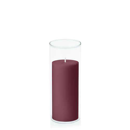 Burgundy 7cm x 15cm Pillar in 8cm x 20cm Glass
