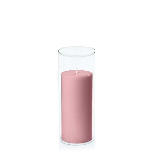 Dusty Pink 7cm x 15cm Pillar in 8cm x 20cm Glass