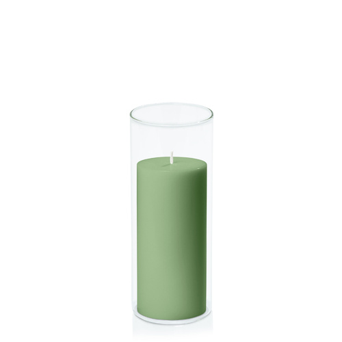 Green 7cm x 15cm Pillar in 8cm x 20cm Glass