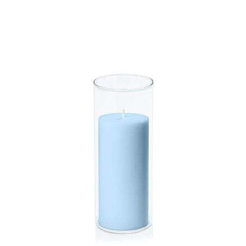 Pastel Blue 7cm x 15cm Pillar in 8cm x 20cm Glass