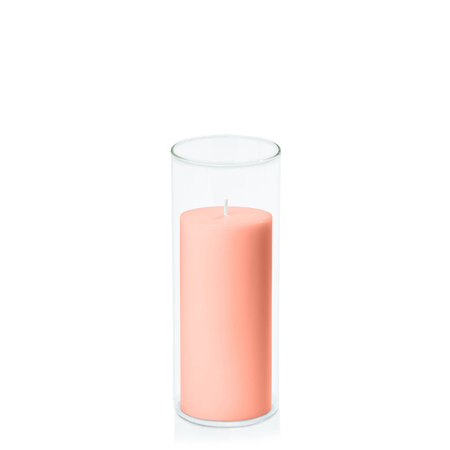 Peach 7cm x 15cm Pillar in 8cm x 20cm Glass
