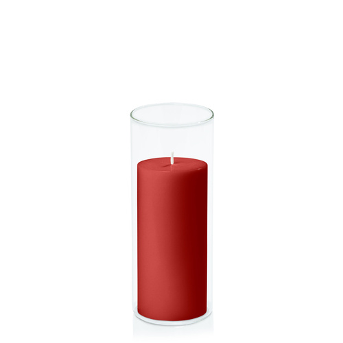 Red 7cm x 15cm Pillar in 8cm x 20cm Glass