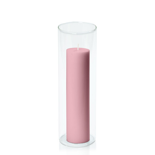 Dusty Pink 5cm x 20cm Pillar in 8cm x 25cm Glass