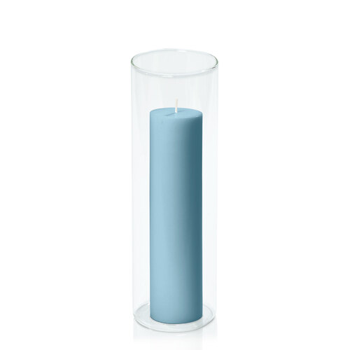French Blue 5cm x 20cm Pillar in 8cm x 25cm Glass