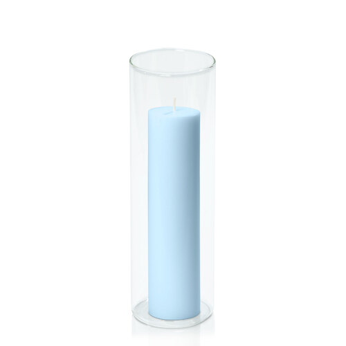 Pastel Blue 5cm x 20cm Pillar in 8cm x 25cm Glass