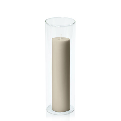 Pale Eucalypt 5cm x 20cm Pillar in 8cm x 25cm Glass