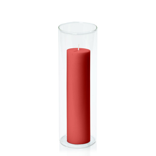 Red 5cm x 20cm Pillar in 8cm x 25cm Glass