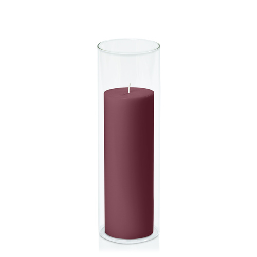 Burgundy 7cm x 20cm Pillar in 8cm x 25cm Glass