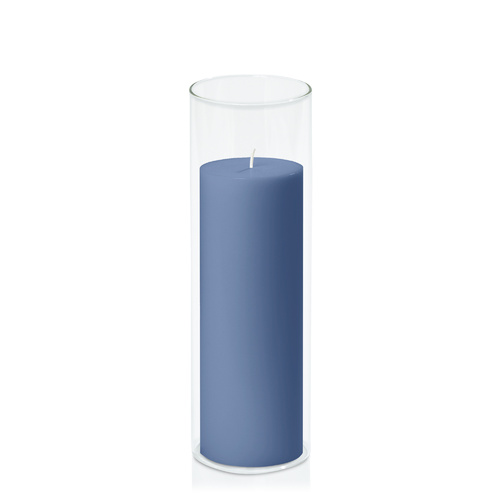 Dusty Blue 7cm x 20cm Pillar in 8cm x 25cm Glass