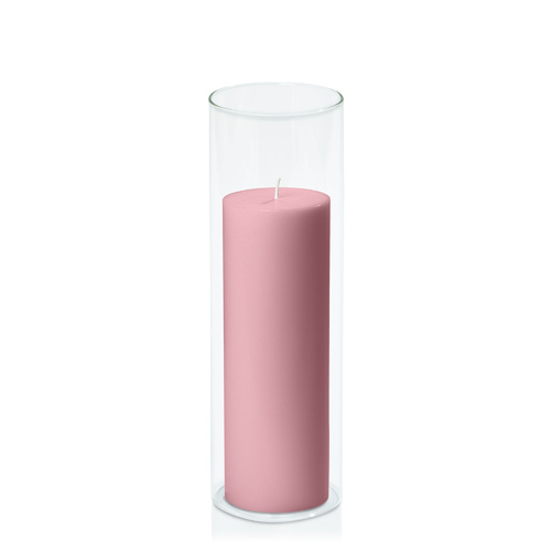 Dusty Pink 7cm x 20cm Pillar in 8cm x 25cm Glass