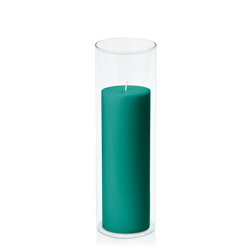 Emerald Green 7cm x 20cm Pillar in 8cm x 25cm Glass