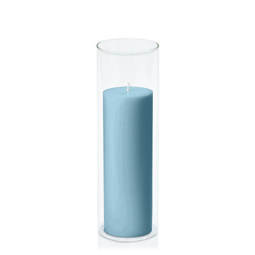 French Blue 7cm x 20cm Pillar in 8cm x 25cm Glass