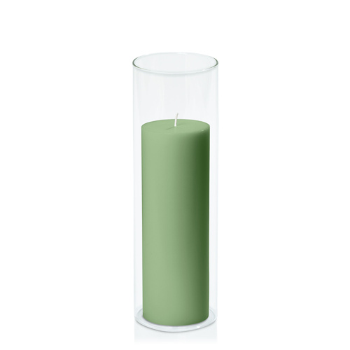 Green 7cm x 20cm Pillar in 8cm x 25cm Glass