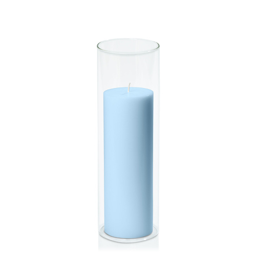 Pastel Blue 7cm x 20cm Pillar in 8cm x 25cm Glass