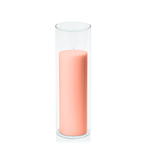 Peach 7cm x 20cm Pillar in 8cm x 25cm Glass