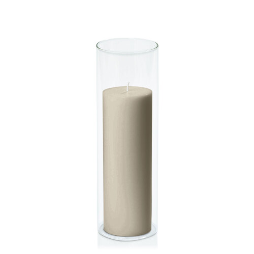 Pale Eucalypt 7cm x 20cm Pillar in 8cm x 25cm Glass