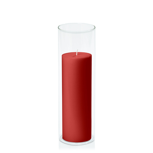 Red 7cm x 20cm Pillar in 8cm x 25cm Glass