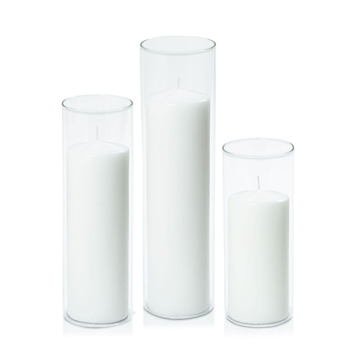 White 7cm Event Pillar in 8cm Glass, Pack of 6 Lg Sets