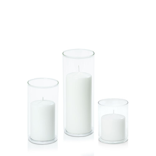 White 7cm Event Pillar in 8cm Glass, Pack of 6 Sm Sets
