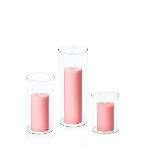 Coral Pink 5cm Pillar in 8cm Glass Set - Sm