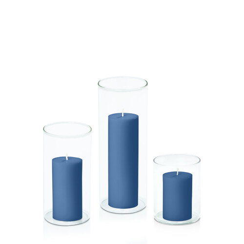 Dusty Blue 5cm Pillar in 8cm Glass Set - Sm