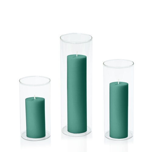 Emerald Green 5cm Pillar in 8cm Glass Set - Med
