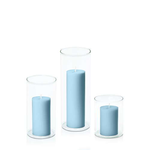 French Blue 5cm Pillar in 8cm Glass Set - Sm