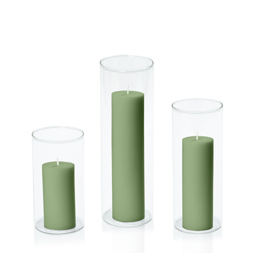 Green 5cm Pillar in 8cm Glass Set - Med