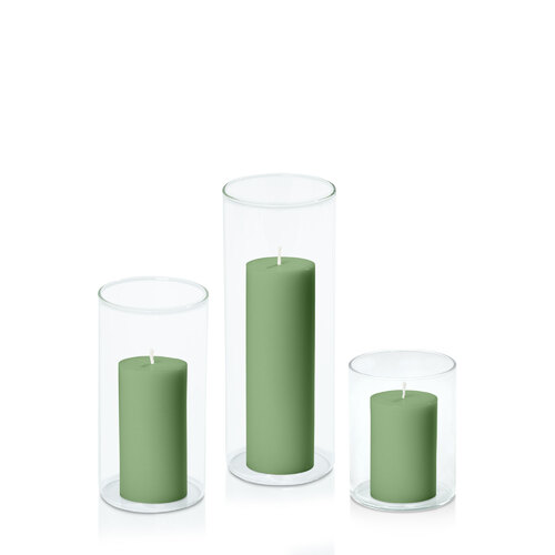 Green 5cm Pillar in 8cm Glass Set - Sm