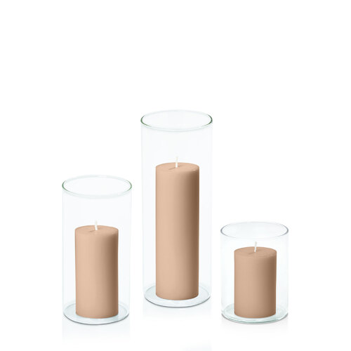 Latte 5cm Pillar in 8cm Glass Set - Sm